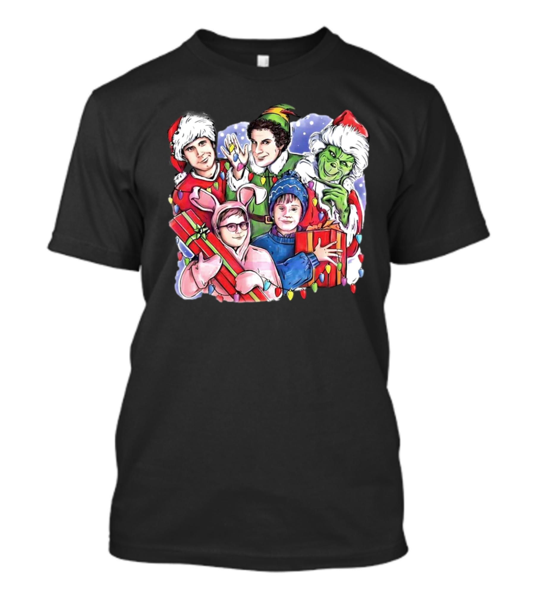 Christmas Friends Movie Character Santa Elf Grinch Pink Bunny T-Shirt