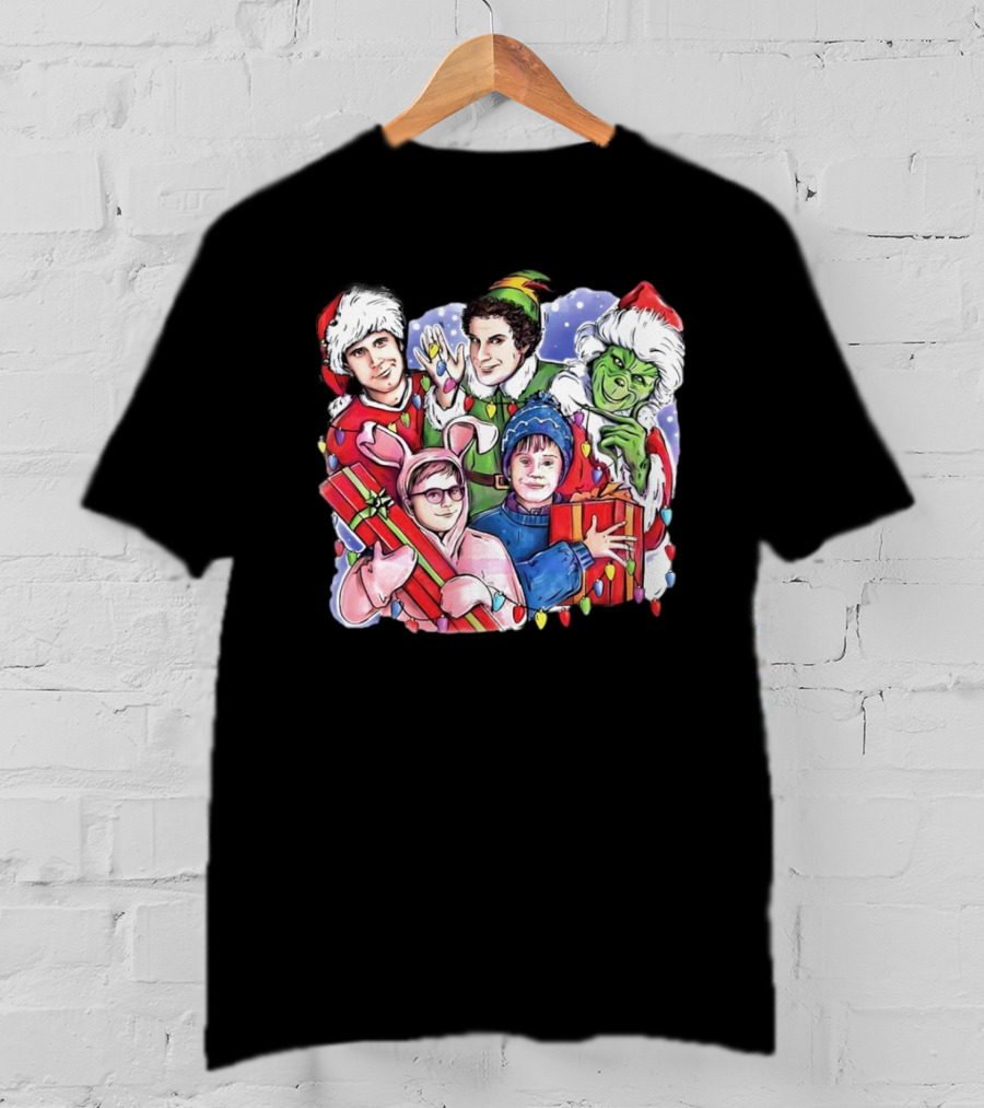 Christmas Friends Movie Character Santa Elf Grinch Pink Bunny T-Shirt
