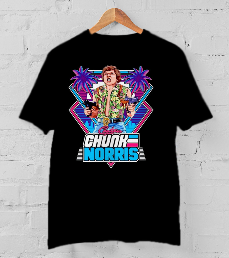 Captain Chunk Norris Retro Miami Vice Styled Character With Dual Pistols And Neon Palm Trees T-Shirt