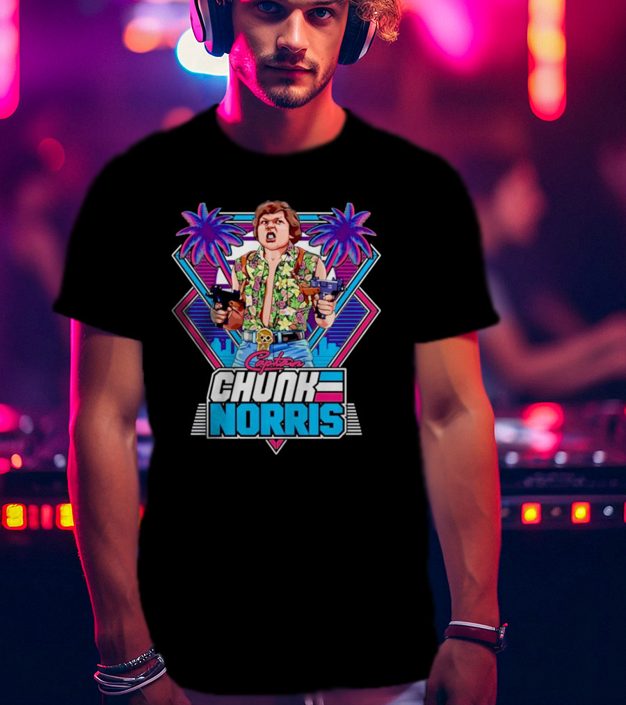 Captain Chunk Norris Retro Miami Vice Styled Character With Dual Pistols And Neon Palm Trees T-Shirt