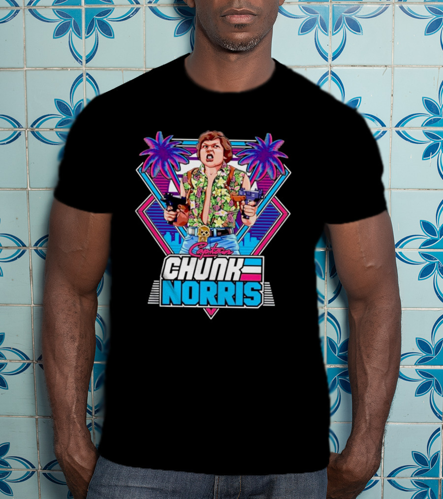 Captain Chunk Norris Retro Miami Vice Styled Character With Dual Pistols And Neon Palm Trees T-Shirt