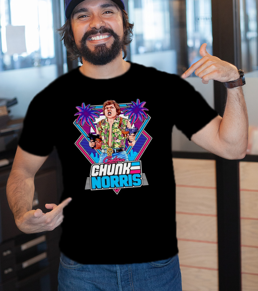 Captain Chunk Norris Retro Miami Vice Styled Character With Dual Pistols And Neon Palm Trees T-Shirt