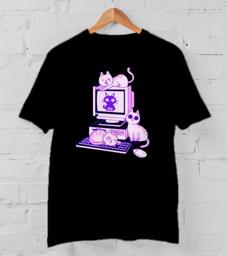 Cats Over Retro Computer With Pixel Art Cat On Screen T-Shirt
