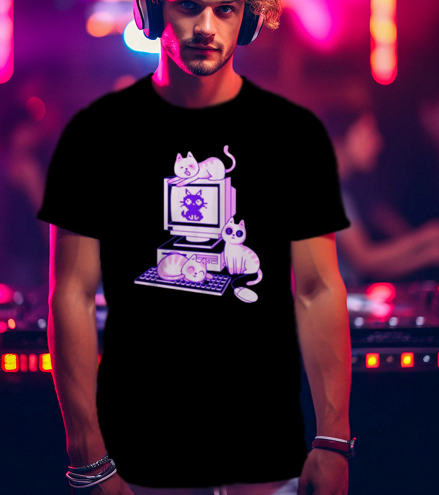 Cats Over Retro Computer With Pixel Art Cat On Screen T-Shirt