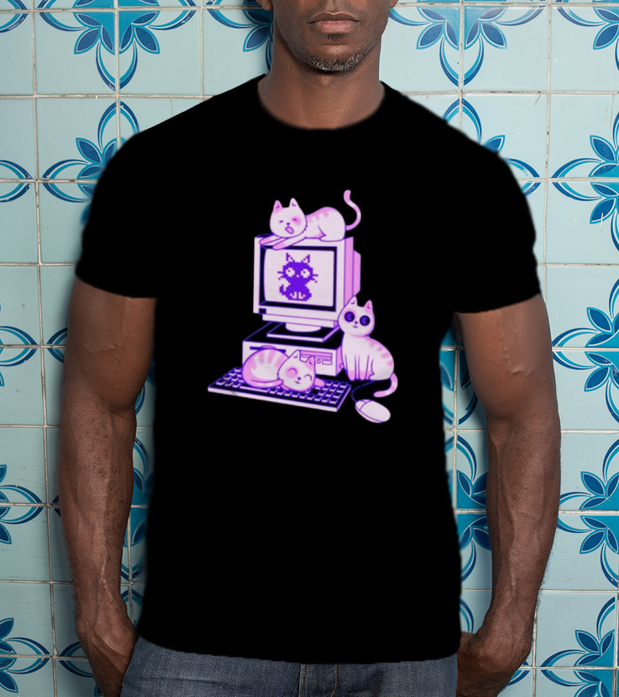 Cats Over Retro Computer With Pixel Art Cat On Screen T-Shirt