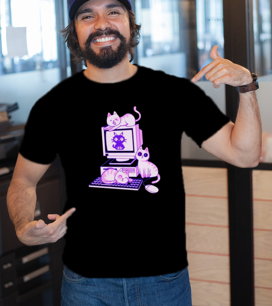 Cats Over Retro Computer With Pixel Art Cat On Screen T-Shirt