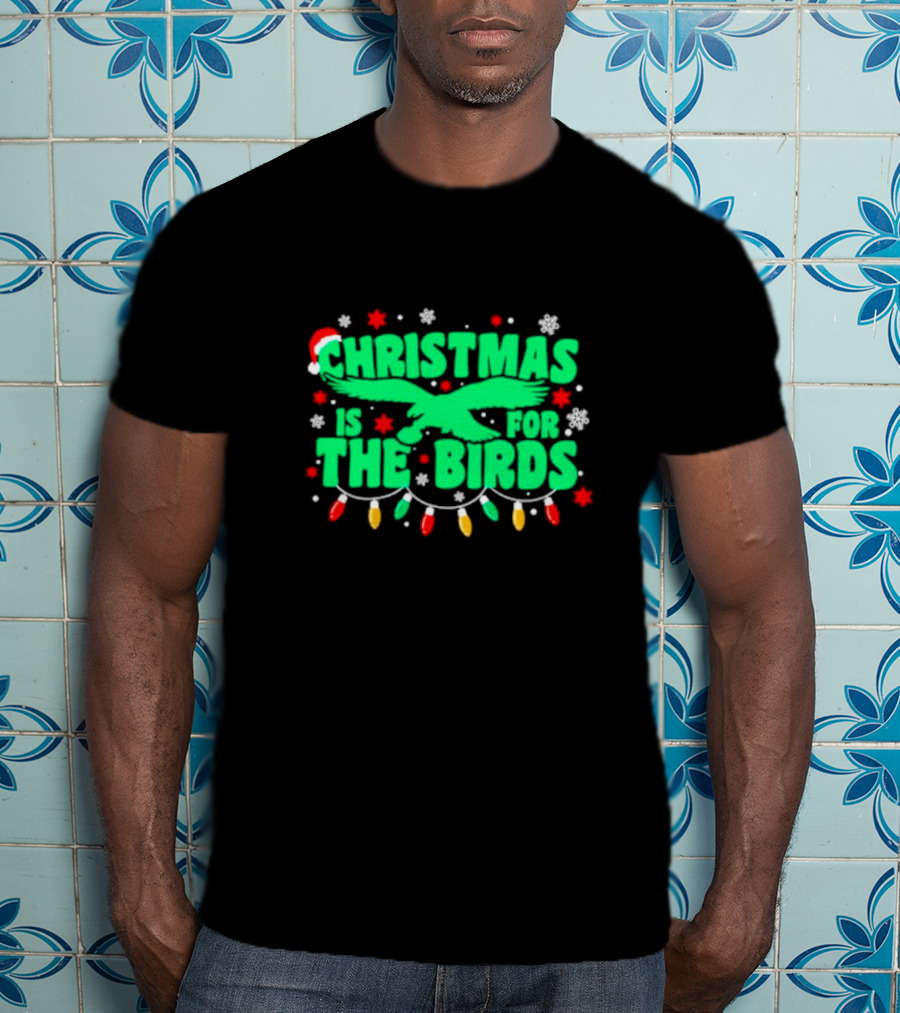 Christmas Is For The Birds Festive Holiday Lights Snowflakes Santa Hat T-Shirt