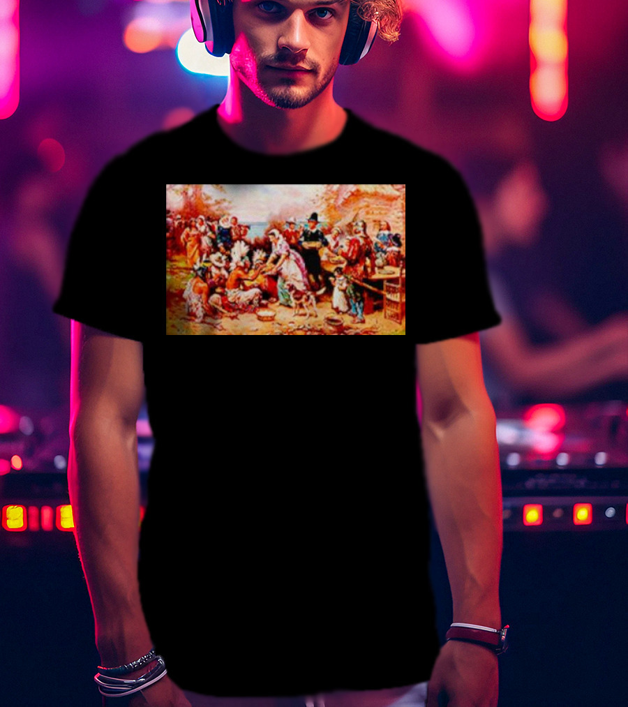 The First Thanksgiving 1621 Pilgrims And Native Americans Harvest Feast T-Shirt