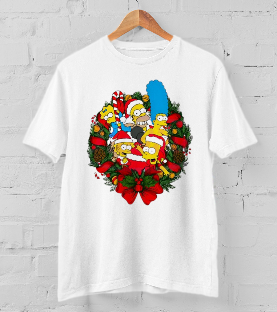 The Simpsons Holiday Wreath With Santa Hats And Candy Canes T-Shirt