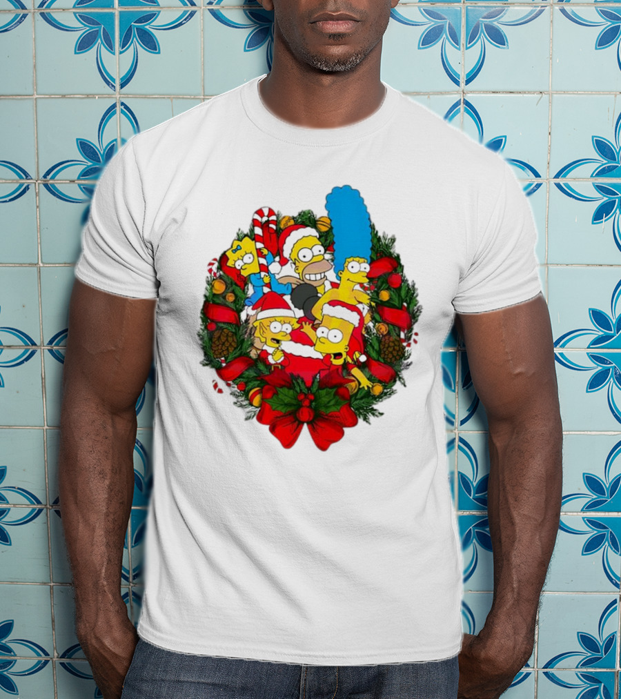 The Simpsons Holiday Wreath With Santa Hats And Candy Canes T-Shirt