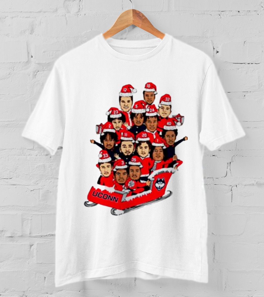 UConn Huskies Christmas Cartoon Sled Team Santa Hats T-Shirt