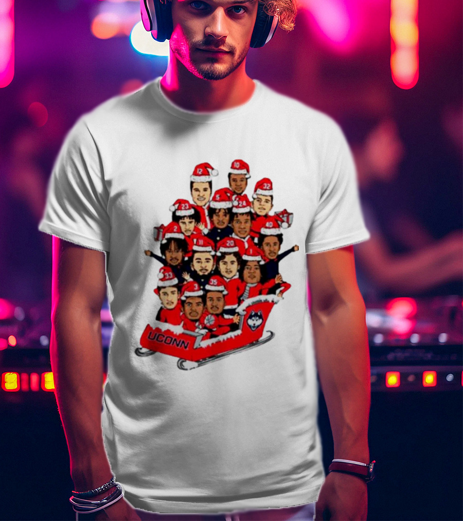 UConn Huskies Christmas Cartoon Sled Team Santa Hats T-Shirt