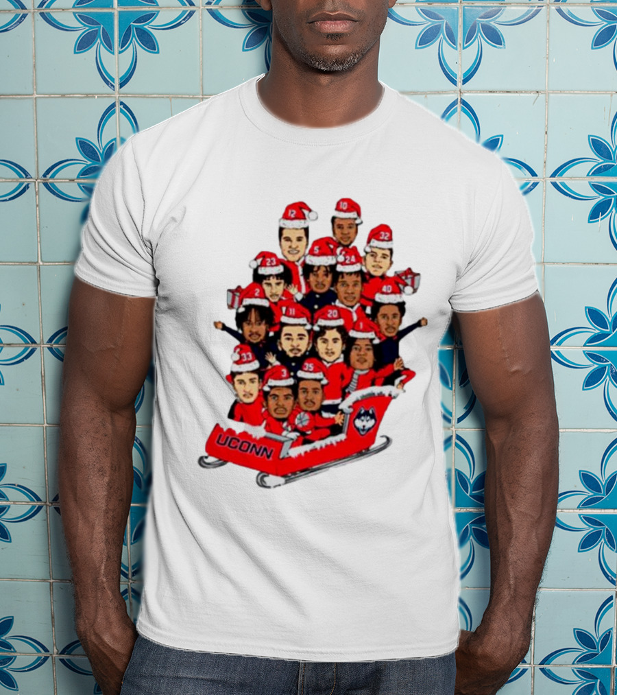UConn Huskies Christmas Cartoon Sled Team Santa Hats T-Shirt