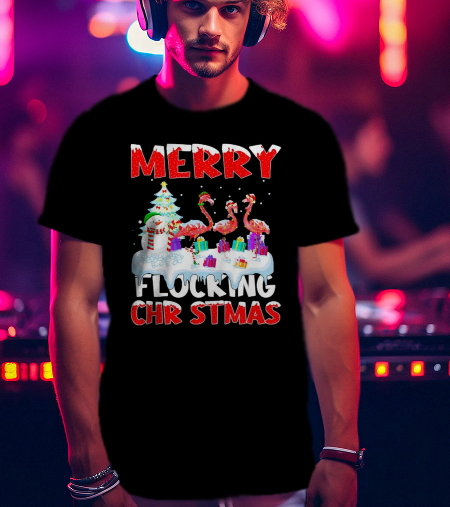 Merry Flocking Christmas Flamingo And Snowman Festive T-Shirt