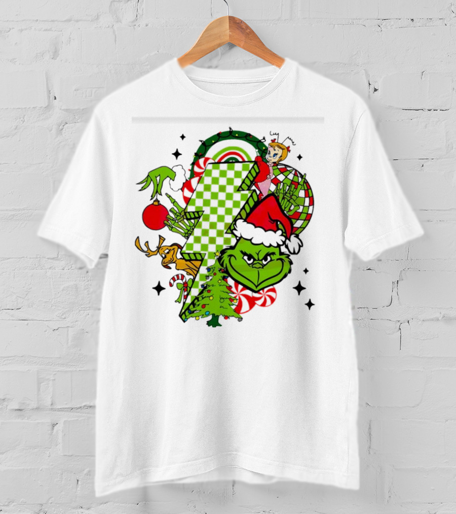 Grinch Christmas Checkered Lightning Bolt With Friends And Festive Decorations T-Shirt