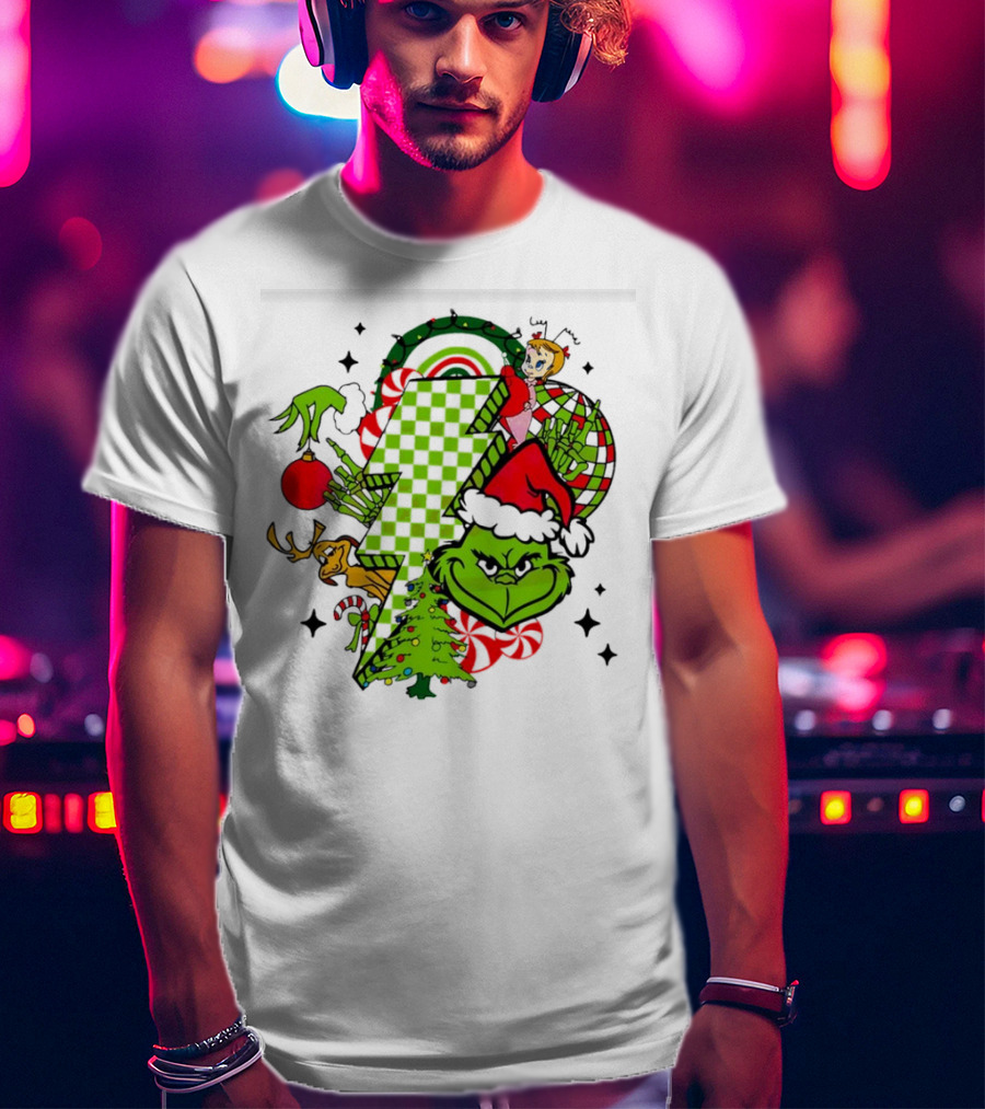 Grinch Christmas Checkered Lightning Bolt With Friends And Festive Decorations T-Shirt
