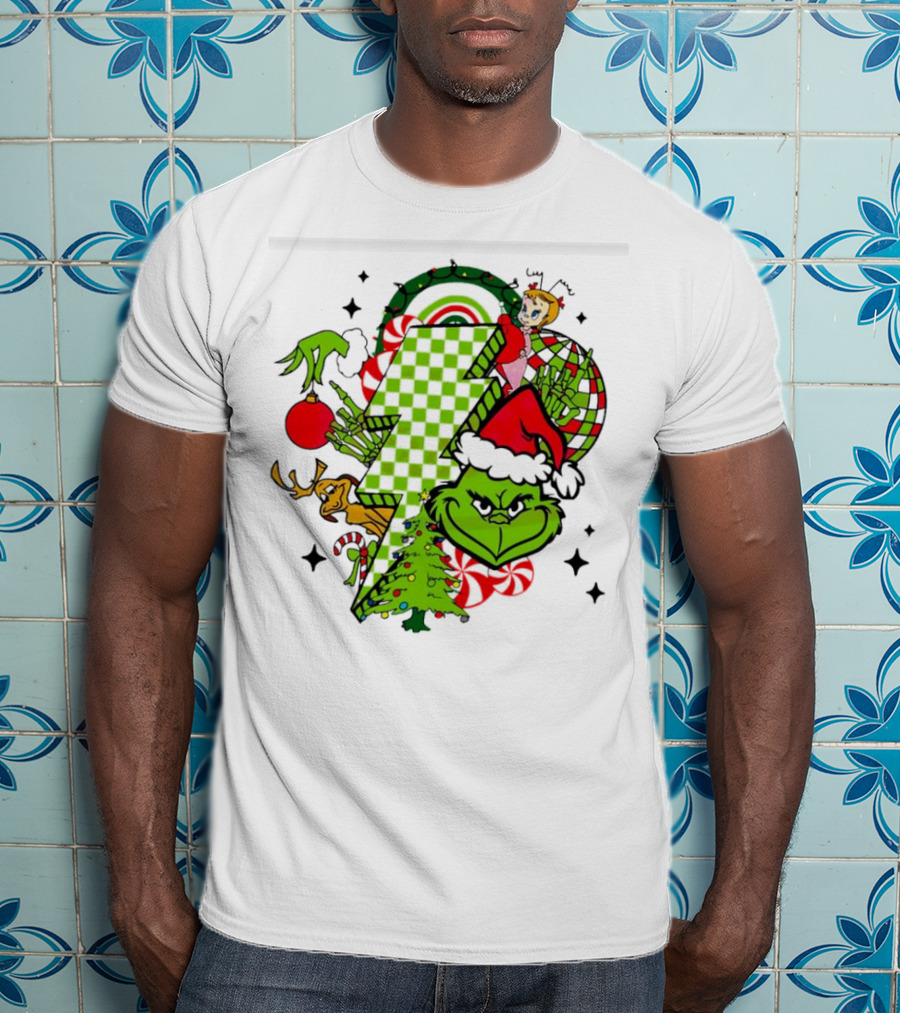 Grinch Christmas Checkered Lightning Bolt With Friends And Festive Decorations T-Shirt