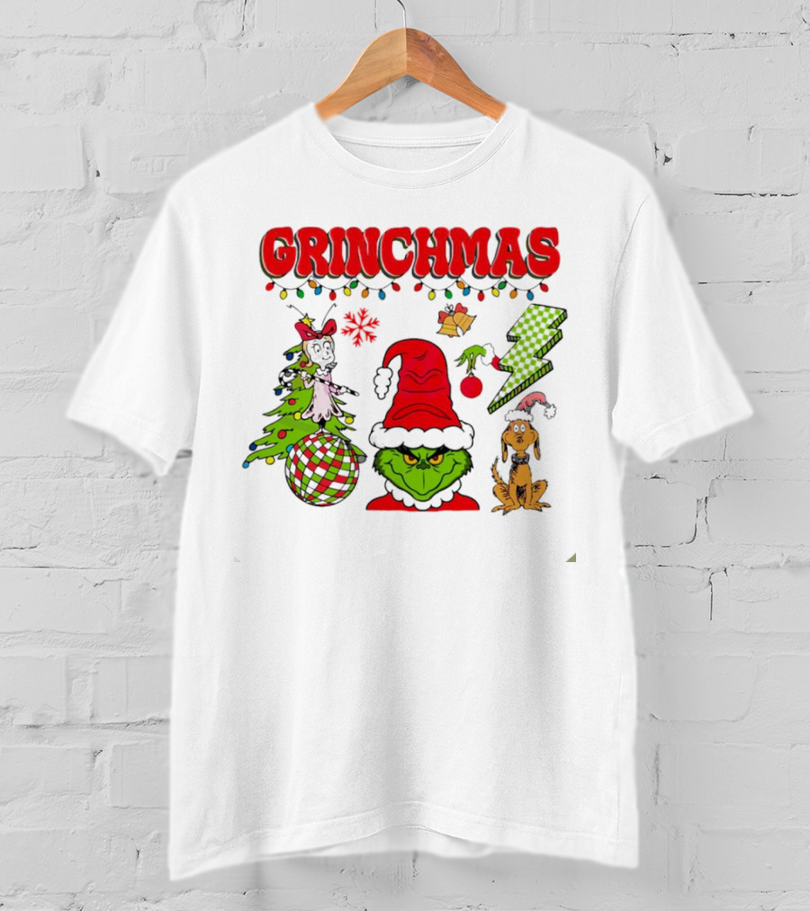 Grinch Grinchmas Red Hat Christmas Tree Max Dog Lightning Bolt Ornaments T-Shirt