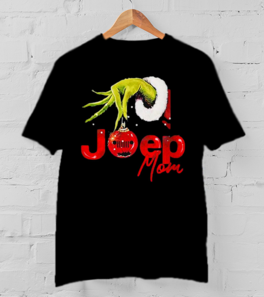 Grinch Hand With Santa Hat Holding Christmas Ornament Jeep Mom T-Shirt