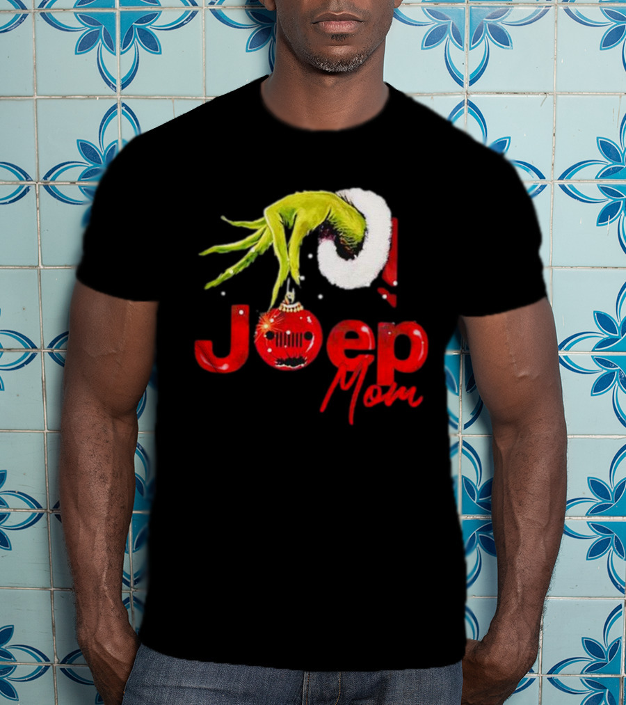 Grinch Hand With Santa Hat Holding Christmas Ornament Jeep Mom T-Shirt