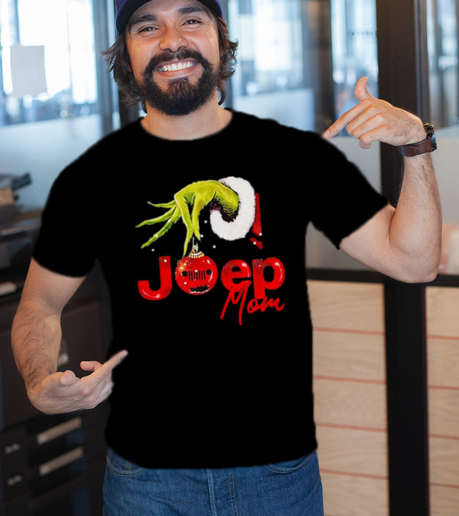 Grinch Hand With Santa Hat Holding Christmas Ornament Jeep Mom T-Shirt