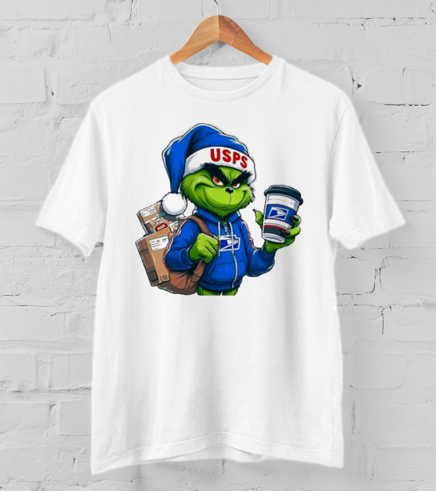 USPS Grinch Merry Christmas Delivery With Packages And Coffee T-Shirt