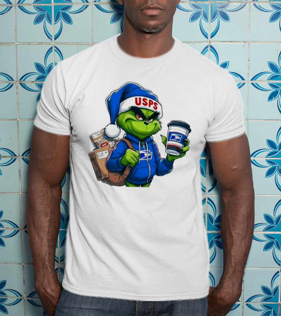 USPS Grinch Merry Christmas Delivery With Packages And Coffee T-Shirt