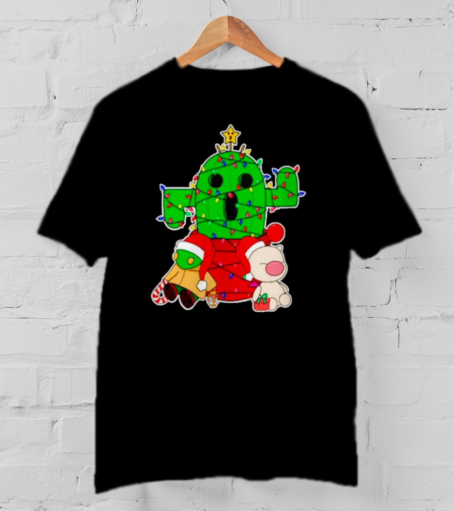 Christmas Moogle Cactuar Wrapped In Lights Star Topped Festive Scene T-Shirt