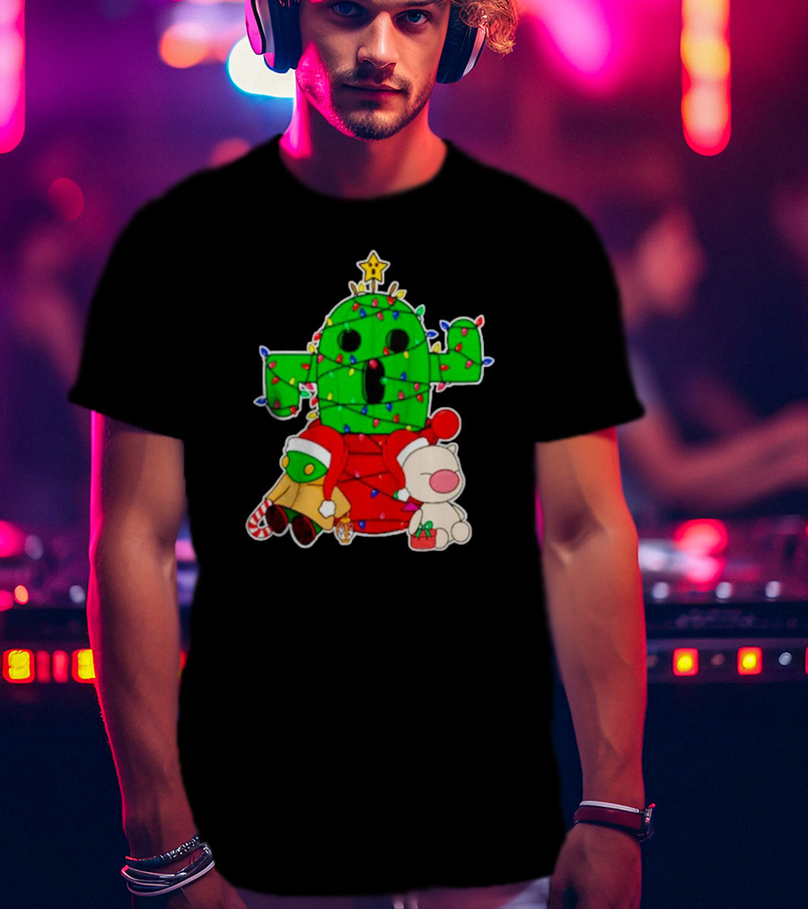 Christmas Moogle Cactuar Wrapped In Lights Star Topped Festive Scene T-Shirt