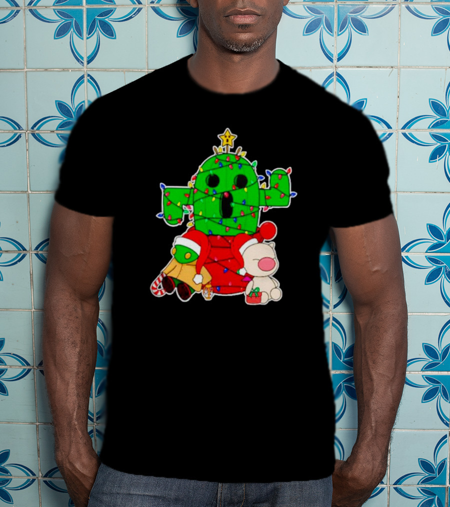 Christmas Moogle Cactuar Wrapped In Lights Star Topped Festive Scene T-Shirt