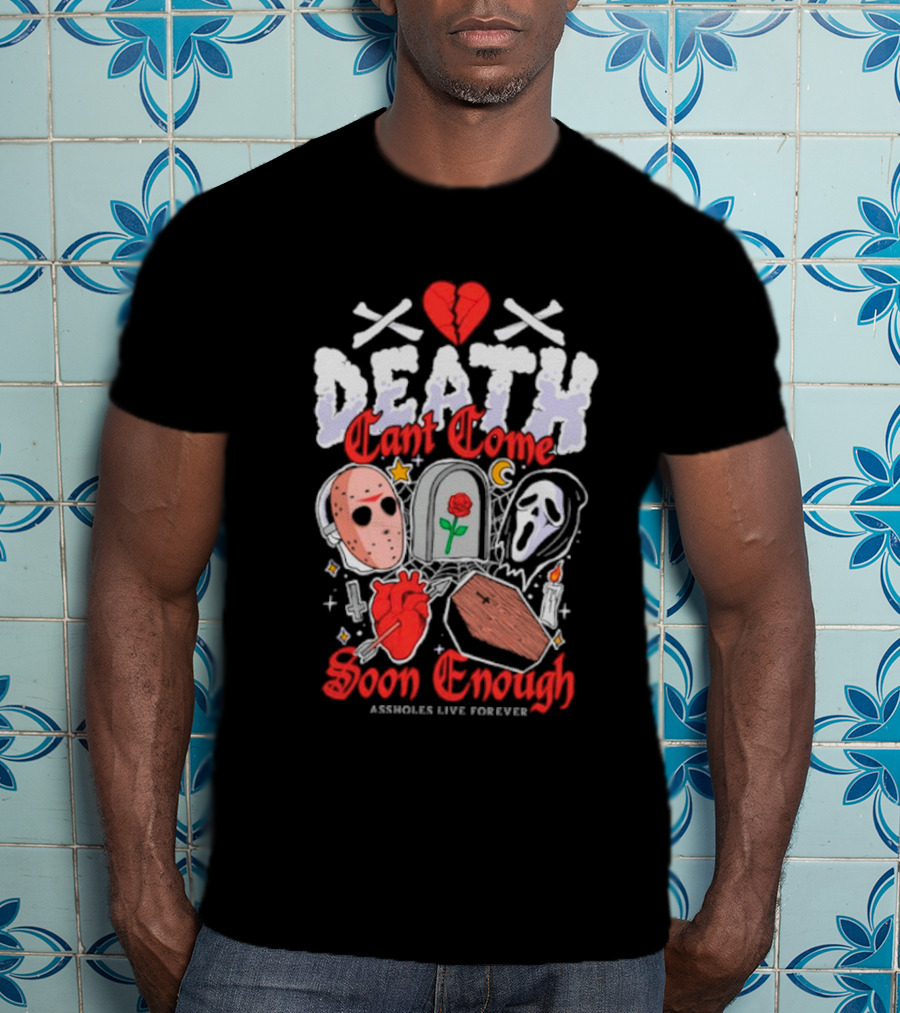 Death Can't Come Soon Enough Horror Icons Hearts And Symbols T-Shirt