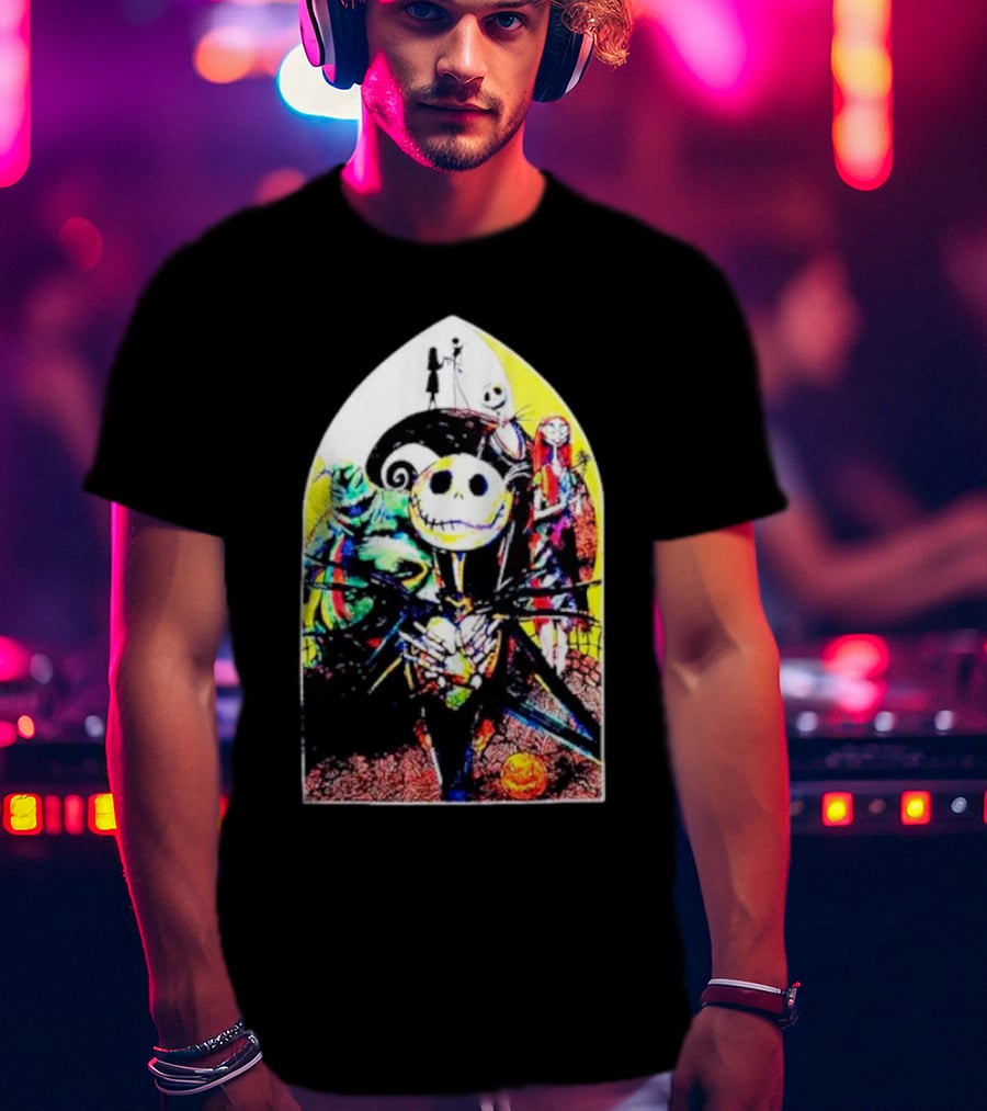 Jack Skellington And Friends Stained Glass Style Scene From The Nightmare Before Christmas T-Shirt