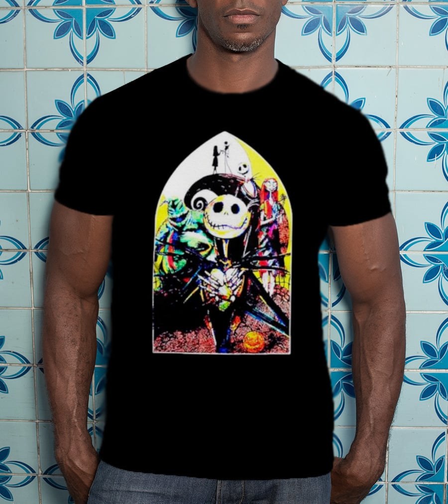 Jack Skellington And Friends Stained Glass Style Scene From The Nightmare Before Christmas T-Shirt