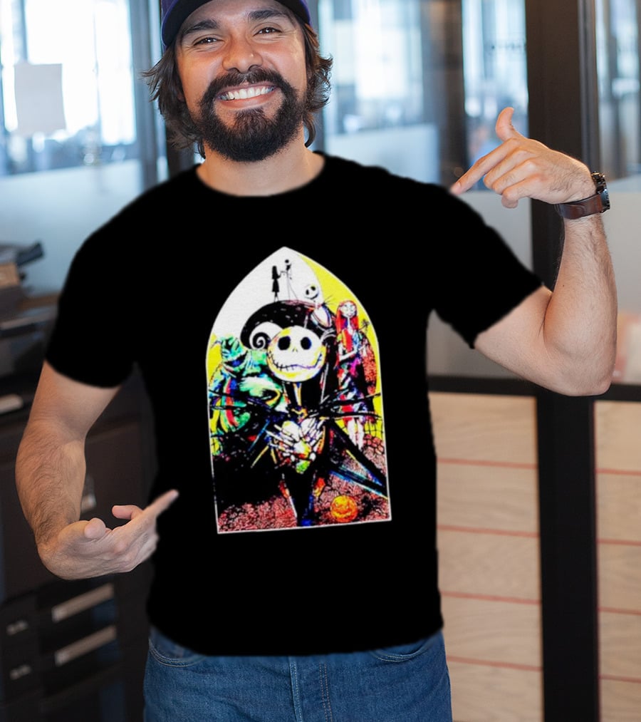 Jack Skellington And Friends Stained Glass Style Scene From The Nightmare Before Christmas T-Shirt