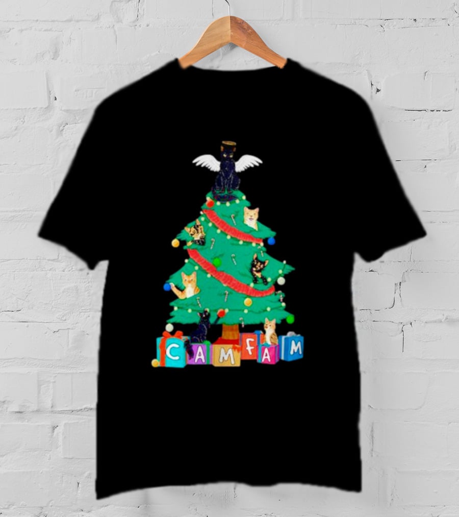 Cam Fam Christmas Tree With Cats And Holiday Blocks T-Shirt