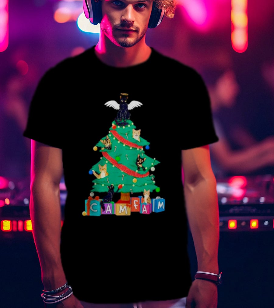 Cam Fam Christmas Tree With Cats And Holiday Blocks T-Shirt
