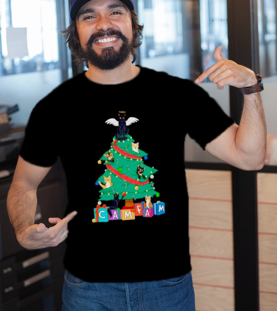 Cam Fam Christmas Tree With Cats And Holiday Blocks T-Shirt