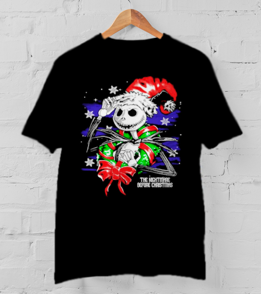The Nightmare Before Christmas Jack Skellington In Santa Hat And Grinch Green Scarf T-Shirt