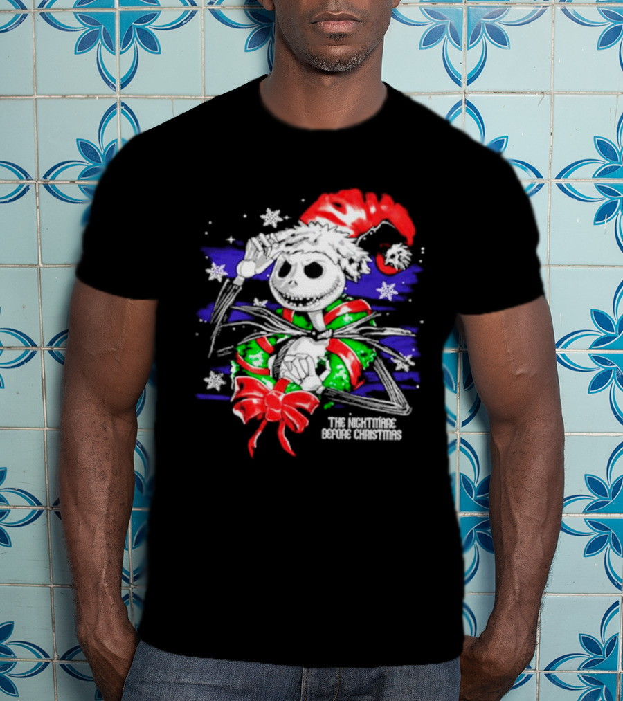 The Nightmare Before Christmas Jack Skellington In Santa Hat And Grinch Green Scarf T-Shirt