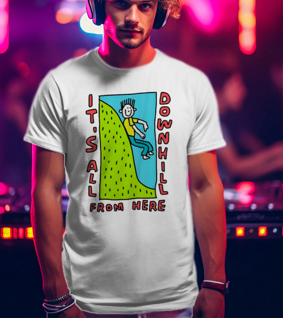 IT'S ALL DOWNHILL FROM HERE Cartoon Character Sliding Down Green Hill T-Shirt