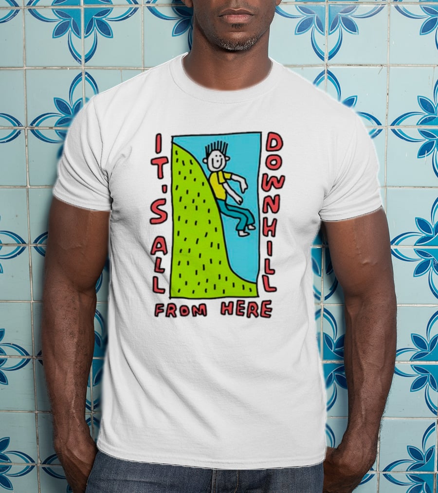 IT'S ALL DOWNHILL FROM HERE Cartoon Character Sliding Down Green Hill T-Shirt