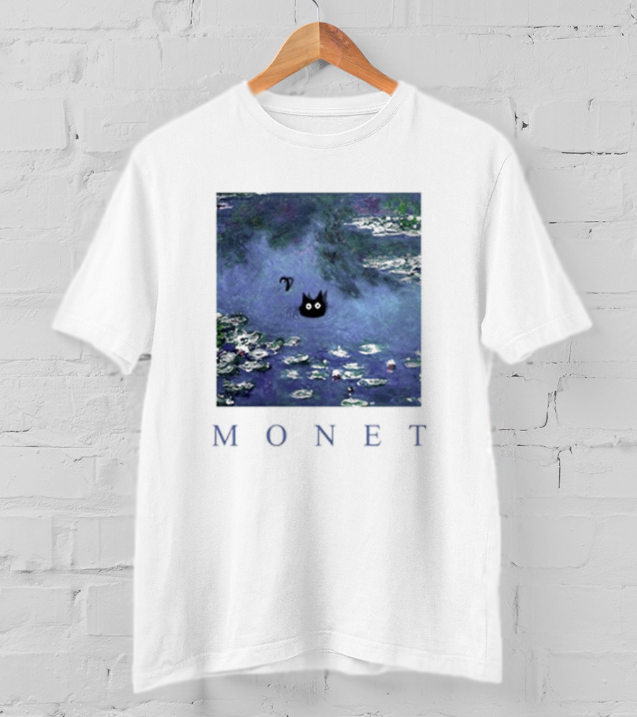 Monet Waterlily Black Cat In Pond With Monet Text T-Shirt
