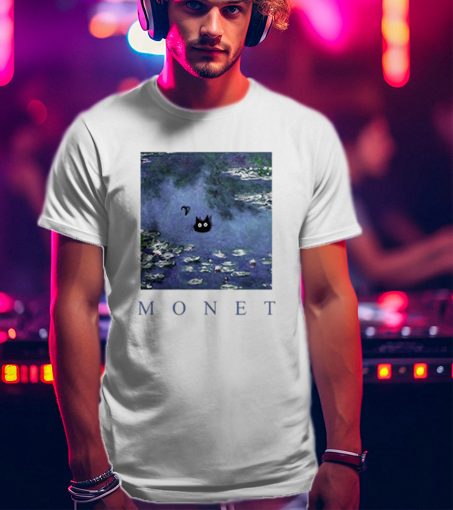 Monet Waterlily Black Cat In Pond With Monet Text T-Shirt
