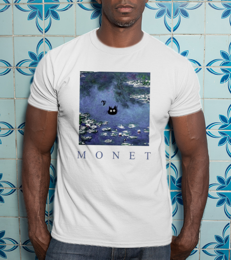 Monet Waterlily Black Cat In Pond With Monet Text T-Shirt