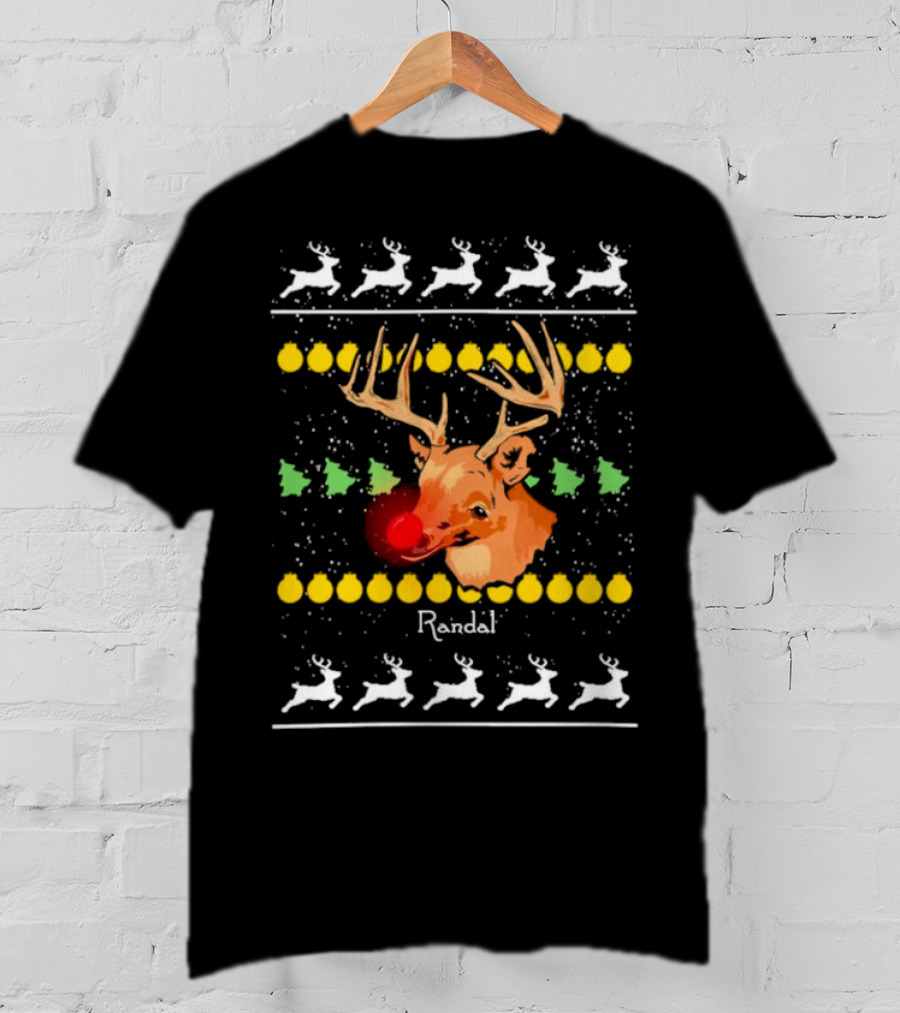 Randal Reindeer Festive Holiday Pattern With Red Nose And Antlers T-Shirt
