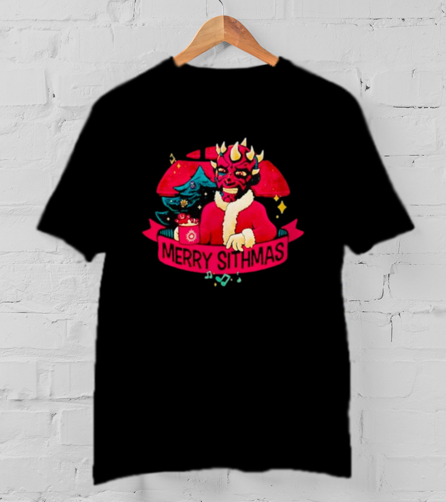 Star Wars Merry Sithmas Featuring Darth Maul In Santa Suit With Christmas Tree And Festive Elements T-Shirt