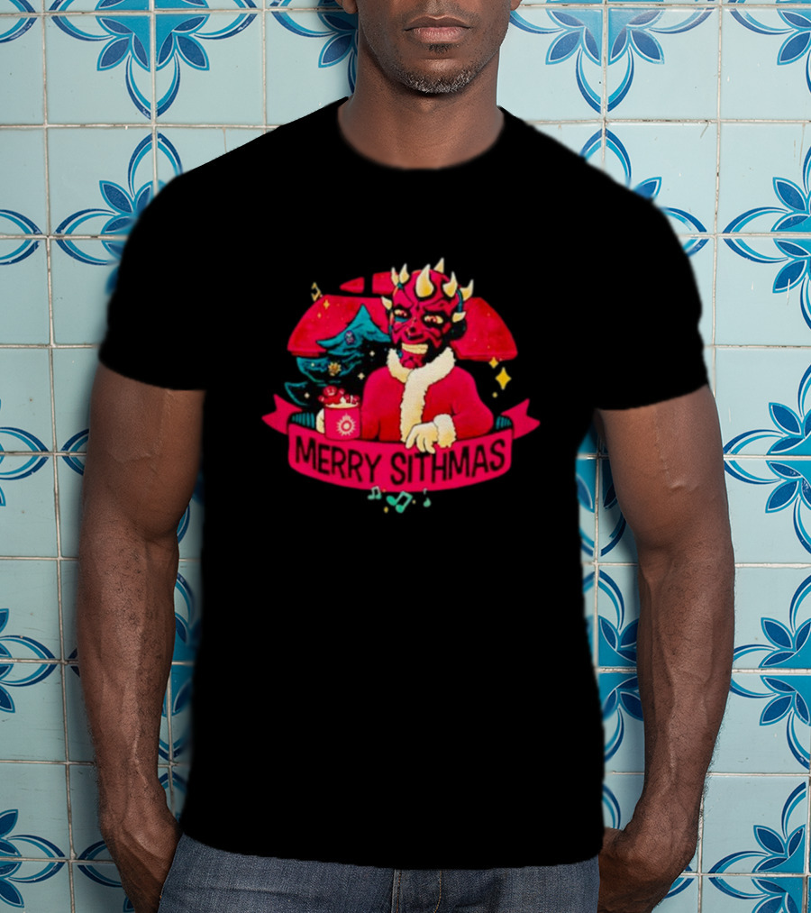 Star Wars Merry Sithmas Featuring Darth Maul In Santa Suit With Christmas Tree And Festive Elements T-Shirt