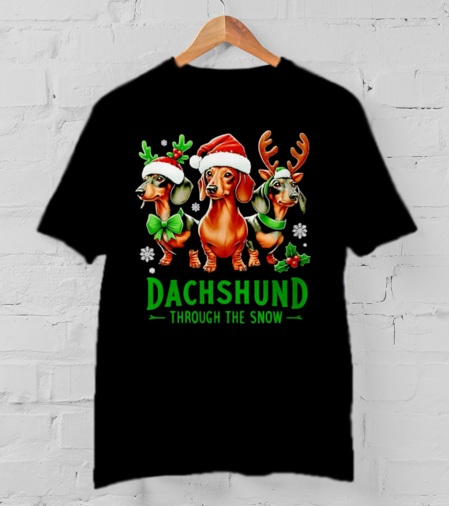Dachshund Through The Snow Santa Hat Reindeer Antlers Christmas Bow T-Shirt