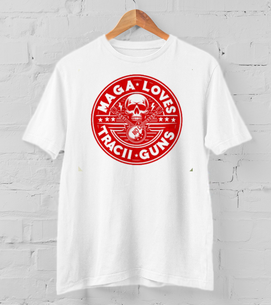 Maga Loves Tracii Guns Skull And Guitar Emblem With Stars And Lightning Bolts T-Shirt