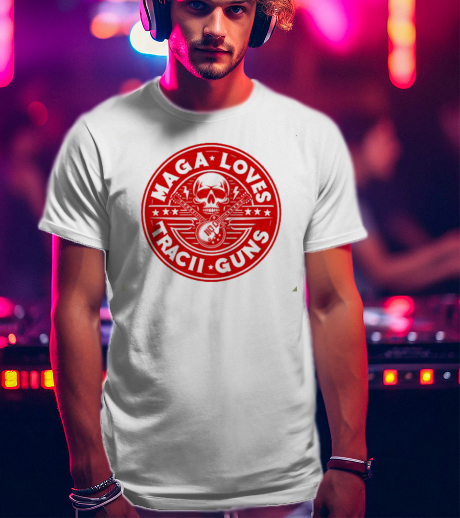 Maga Loves Tracii Guns Skull And Guitar Emblem With Stars And Lightning Bolts T-Shirt